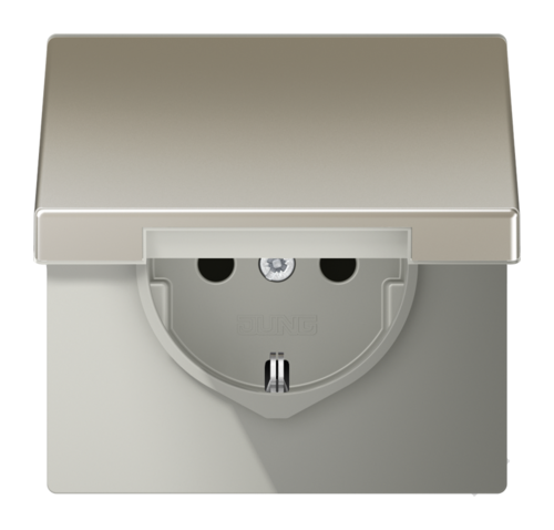 Розетка JUNG LS METAL, скрытый монтаж, с заземлением, с крышкой, нержавеющая сталь