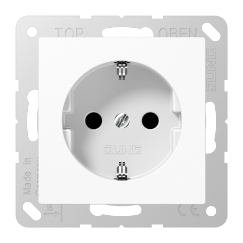 Розетка JUNG A 500, скрытый монтаж, с заземлением, со шторками, белый